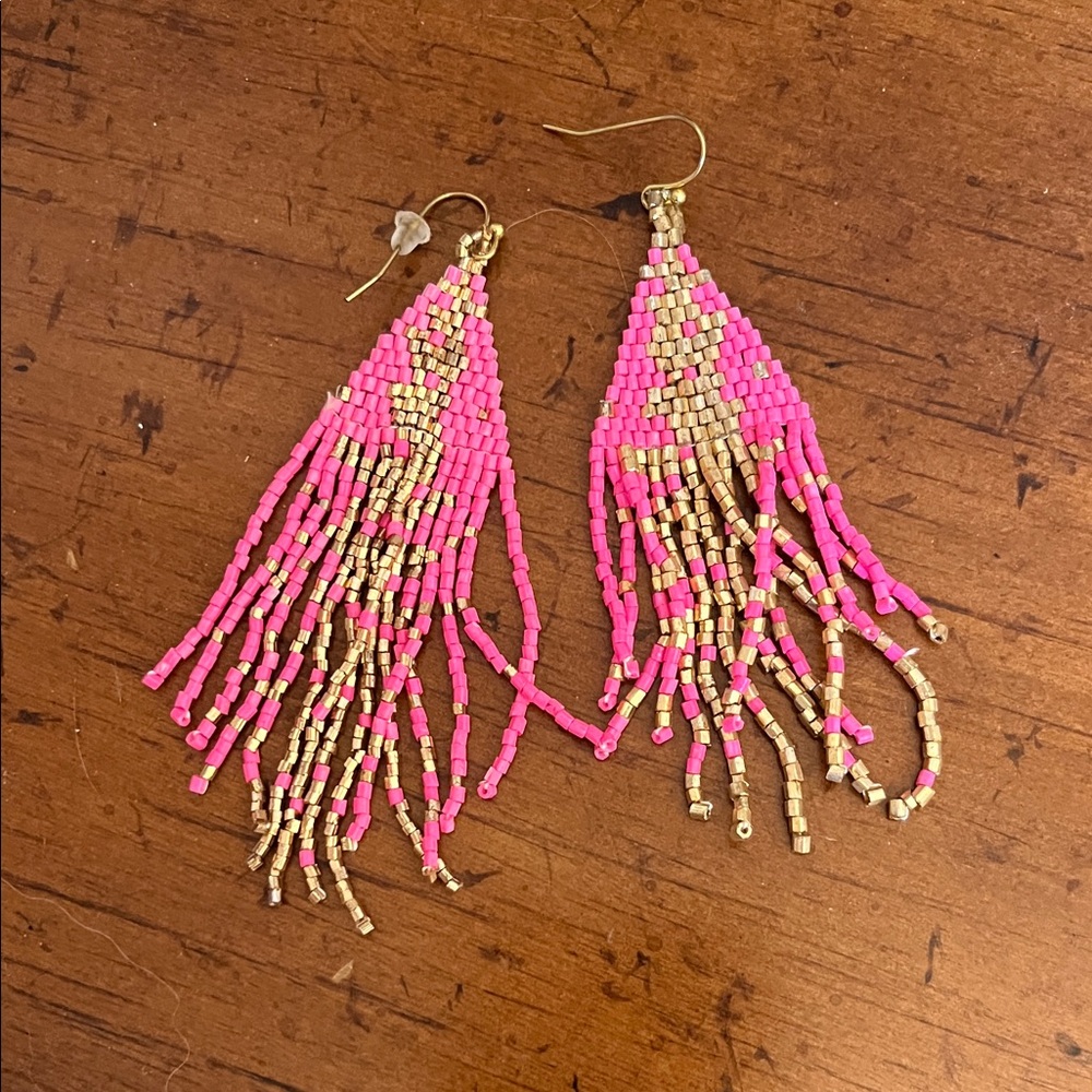 Apricot Lane Vibrant Pink and Gold Fringe Earrings